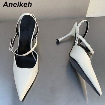 Aneikeh 2024 Модни секси лачени тънки обувки на висок ток Дамска сватбена рокля с отворени токчета с катарама