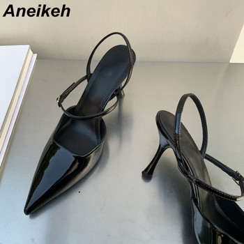 Aneikeh 2024 Модни секси лачени тънки обувки на висок ток Дамска сватбена рокля с отворени токчета с катарама