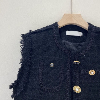 Φθινόπωρο Νέα ιδιοσυγκρασία μόδας Ευέλικτο κοντό στυλ Αρωματικό μάλλινο γιλέκο Γυναικείο μαύρο γιλέκο