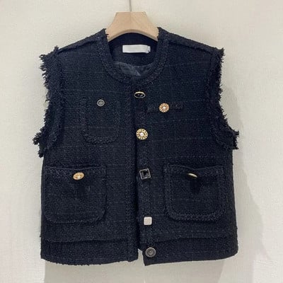 Toamnă New Fashion Temperament Versatil Stil Scurt Parfumată Lână Vest Jachetă Femei Neagră Vestă