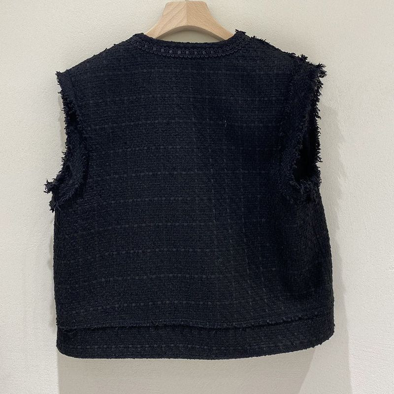 Toamnă New Fashion Temperament Versatil Stil Scurt Parfumată Lână Vest Jachetă Femei Neagră Vestă