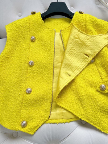Αρωματικό κοντό γιλέκο Καλοκαίρι 2023 Tweed Metal Διπλό Γυναικείο παλτό κίτρινο αμάνικο