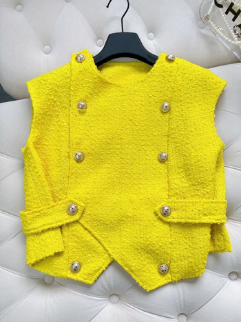 Αρωματικό κοντό γιλέκο Καλοκαίρι 2023 Tweed Metal Διπλό Γυναικείο παλτό κίτρινο αμάνικο