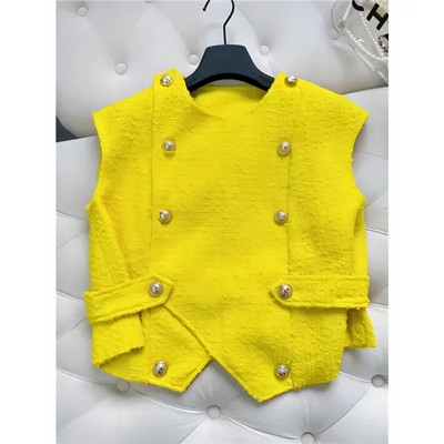 Vestă scurtă parfumată Vara 2023 Jachetă galbenă fără mâneci din Tweed metal cu două piept pentru femei