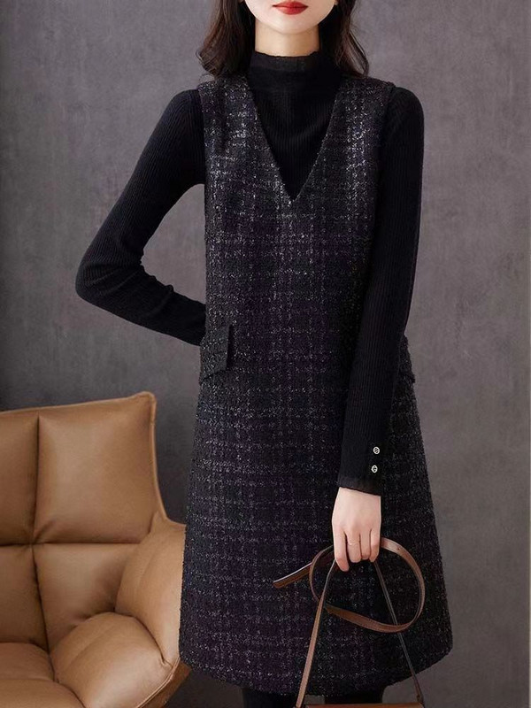 Toamna 2022, rochii cu decolteu în V, cu lungime mijlocie, fără mâneci, cu decolteu în V, rochii coreeane șic elegante, rochie de înaltă calitate