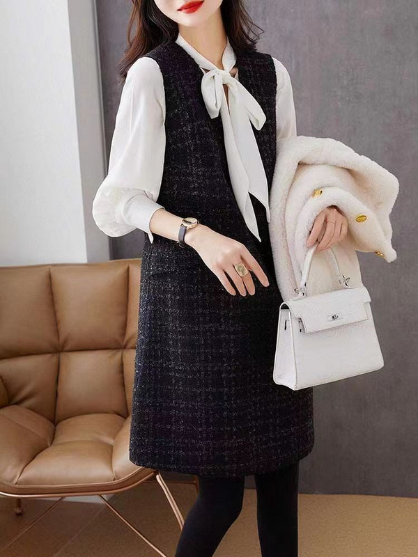 Toamna 2022, rochii cu decolteu în V, cu lungime mijlocie, fără mâneci, cu decolteu în V, rochii coreeane șic elegante, rochie de înaltă calitate