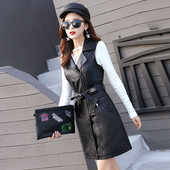 Ženski 2022. proljeće jesen novi PU prsluk s remenom, tanki dugi kožni ženski crni prsluk bez rukava