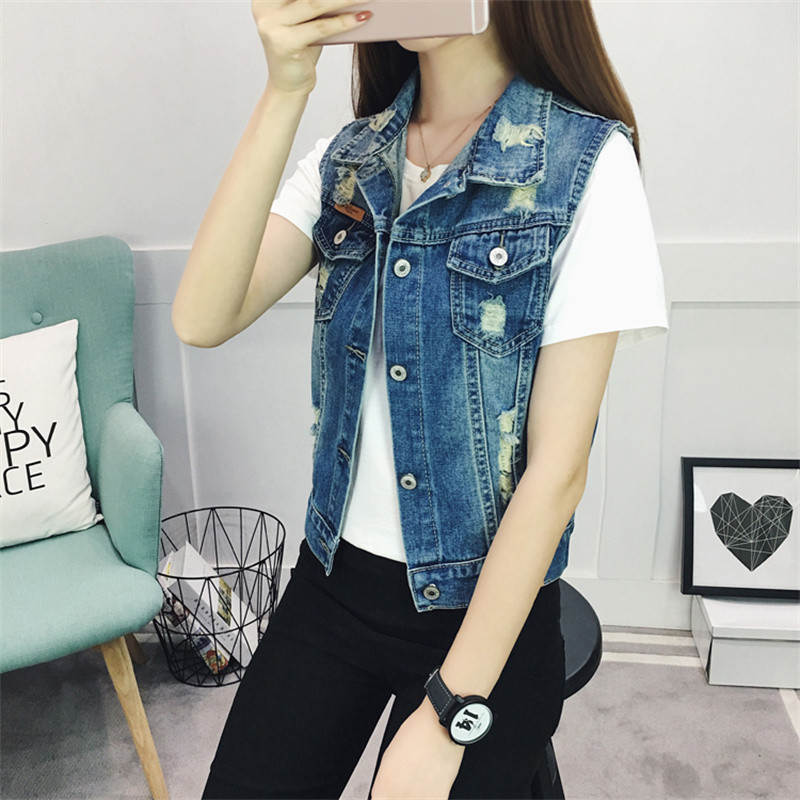 Pavasario rudens džinsinė liemenė, moteriški drabužiai 2023 m. Nauji vintažiniai skylutėliai be rankovių džinsinė liemenė trumpa striukė Moteriški viršutiniai drabužiai 4XL 5XL 6XL