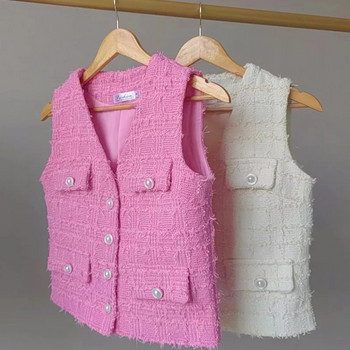 Άνοιξη Καλοκαίρι 2023 Νέο μοντέρνο Western Tweed Γιλέκο Αρωματικό ροζ λευκό γιλέκο για κορίτσι