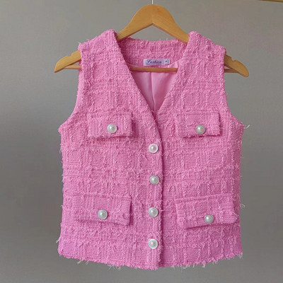 Primăvara vară 2023 Vestă vestă din tweed, vestă la modă, parfumată, roz, albă, pentru fată