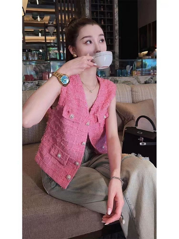 Primăvara vară 2023 Vestă vestă din tweed, vestă la modă, parfumată, roz, albă, pentru fată