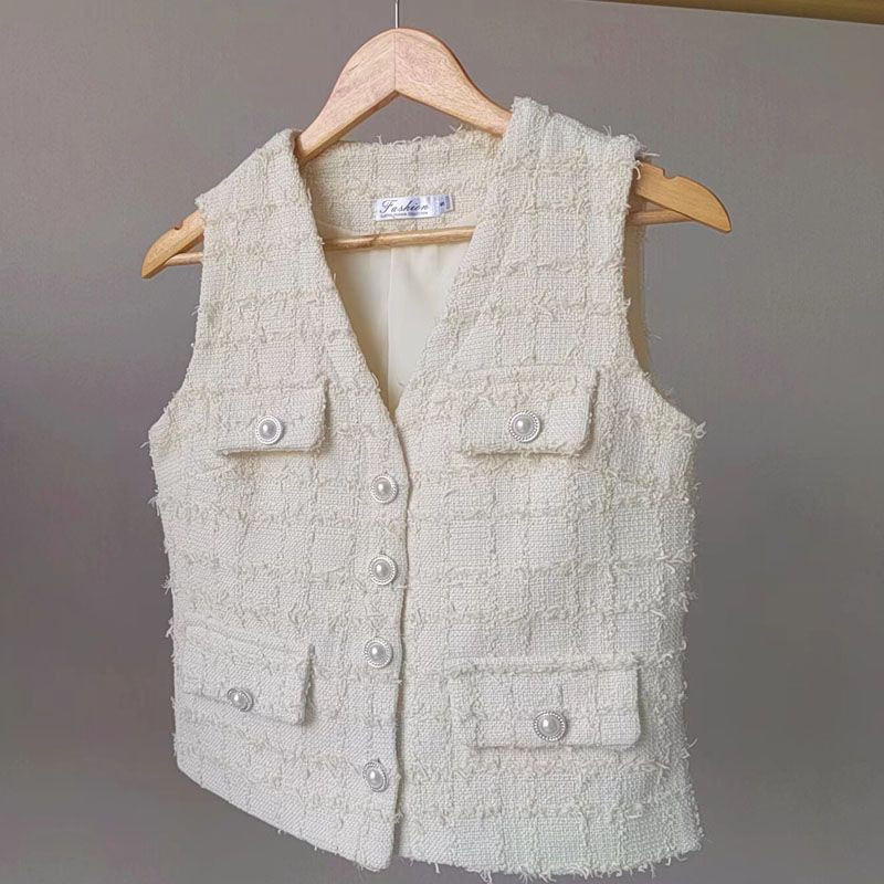 Primăvara vară 2023 Vestă vestă din tweed, vestă la modă, parfumată, roz, albă, pentru fată