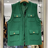 Mirisni prsluk od tvida, ženski, novi, jesen 2022., ženski zeleni, crni kaki prsluk s V-izrezom