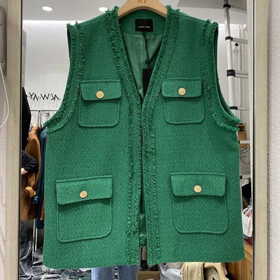 Mirisni prsluk od tvida, ženski, novi, jesen 2022., ženski zeleni, crni kaki prsluk s V-izrezom