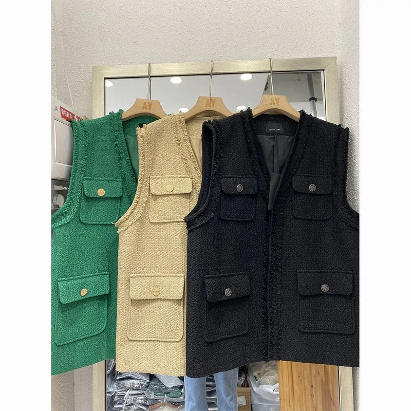 Mirisni prsluk od tvida, ženski, novi, jesen 2022., ženski zeleni, crni kaki prsluk s V-izrezom