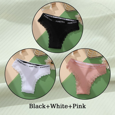 FINETOO 3 buc. Lenjerie de corp din bumbac pentru femei Chiloți de damă cu margine din dantelă cu talie joasă Chiloți pentru femei de culoare solidă Slipuri intimate