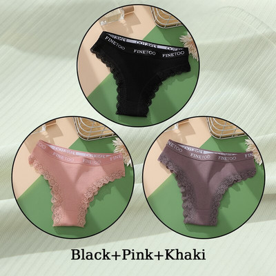 FINETOO 3 buc. Lenjerie de corp din bumbac pentru femei Chiloți de damă cu margine din dantelă cu talie joasă Chiloți pentru femei de culoare solidă Slipuri intimate