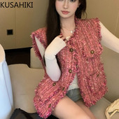 KUSAHIKI Elegantni prsluk bez rukava s kićankama od tvida, kauzalna korejska moda, jesenske jakne s jednorednim kopčanjem i O-izrezom