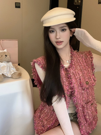 KUSAHIKI Tweed κομψό αμάνικο γιλέκο με φούντα