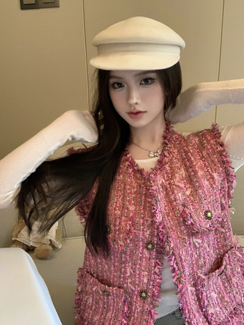 KUSAHIKI Tweed κομψό αμάνικο γιλέκο με φούντα