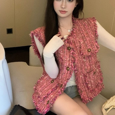 KUSAHIKI Elegantni prsluk bez rukava s kićankama od tvida, kauzalna korejska moda, jesenske jakne s jednorednim kopčanjem i O-izrezom