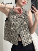 Yitimuceng καρό γιλέκο για γυναίκες φθινόπωρο 2023 Νέα μόδα vintage αμάνικο φαρδύ σακάκι Chic casual διπλό παλτό O λαιμόκοψης