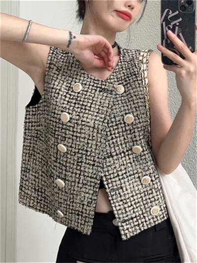 Yitimuceng καρό γιλέκο για γυναίκες φθινόπωρο 2023 Νέα μόδα vintage αμάνικο φαρδύ σακάκι Chic casual διπλό παλτό O λαιμόκοψης