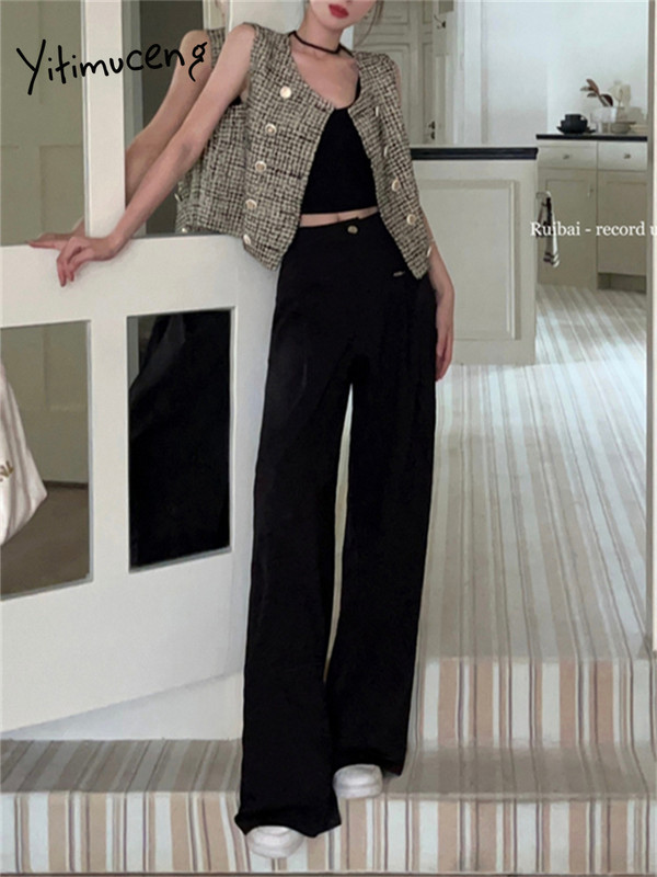 Yitimuceng καρό γιλέκο για γυναίκες φθινόπωρο 2023 Νέα μόδα vintage αμάνικο φαρδύ σακάκι Chic casual διπλό παλτό O λαιμόκοψης