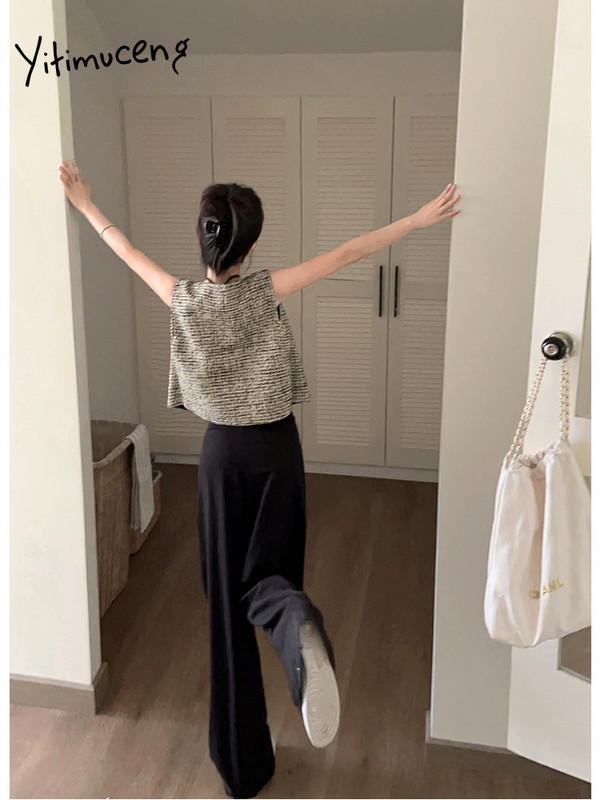 Yitimuceng καρό γιλέκο για γυναίκες φθινόπωρο 2023 Νέα μόδα vintage αμάνικο φαρδύ σακάκι Chic casual διπλό παλτό O λαιμόκοψης