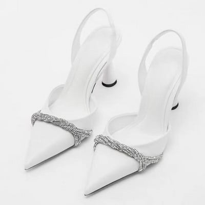 Gamintojas Batai Moteriški Siurbliai Kalnų krištoliniai Sandalai Moteriški Aukštakulniai Balta Sexy Slingback Smailian Toe Prom Vestuviniai Batai Moteriški