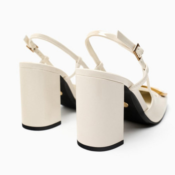 TRAF Дамски модерни офис сватбени метални обувки с превръзка на висок ток Бял блоков ток Пролет Лято 2023 г. Помпи на ток Дамски високи токчета
