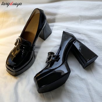 токчета обувки тип лолита Обувки с масивна платформа Мокасини на ток Лачени кожени обувки без приплъзване Дамски дамски офис обувки черни обувки на ток