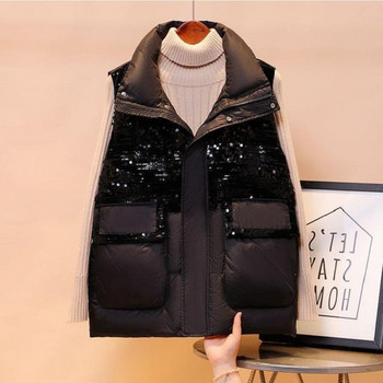 Βαμβακερό πουπουλένιο γυναικείο γιλέκο Χειμώνας 2022 Νέες παγιέτες μόδας με ραφές γιλέκο με γιακά