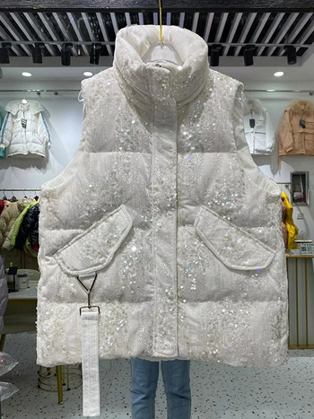 2023 Fashion Sequins Βαμβακερό πουπουλένιο γυναικείο γιλέκο Παχύ χειμερινό αμάνικο μπουφάν Γυναικείο αντιανεμικό ζεστό γιλέκο για γυναίκες