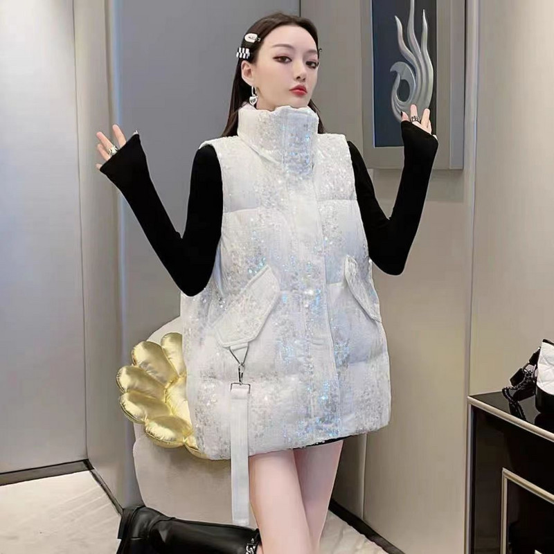 2023 m. madingi blizgučiai, medvilniniai pūkai, moteriška liemenė, stora žieminė striukė be rankovių, moteriška, atspari vėjui, šilta liemenė moterims