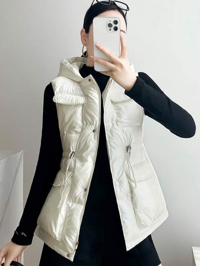 GRELLER Veste noi de iarnă cu glugă, la modă pentru femei, cu șnur perlat, elegante, toamnă iarnă, veste scurte, vestă pentru femei