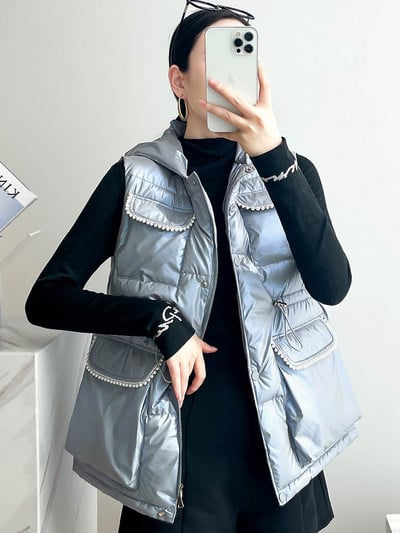 GRELLER Veste noi de iarnă cu glugă, la modă pentru femei, cu șnur perlat, elegante, toamnă iarnă, veste scurte, vestă pentru femei