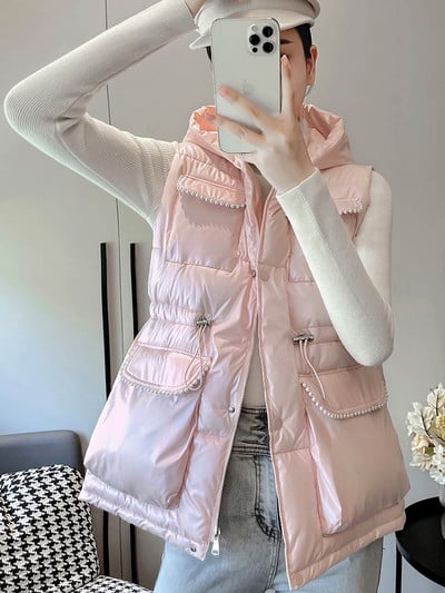 GRELLER Veste noi de iarnă cu glugă, la modă pentru femei, cu șnur perlat, elegante, toamnă iarnă, veste scurte, vestă pentru femei