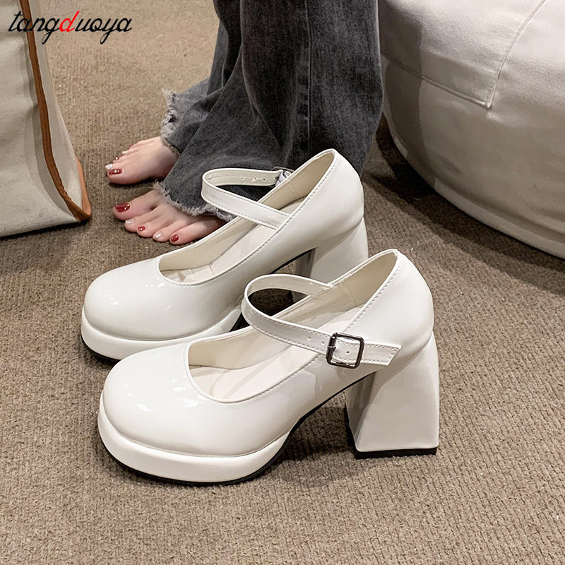 Pompe cu platformă albă pentru femei Tocuri super înalte Curea cu cataramă Pantofi Mary Jane pentru femeie gotici Pantofi de petrecere cu toc gros Tocuri groase