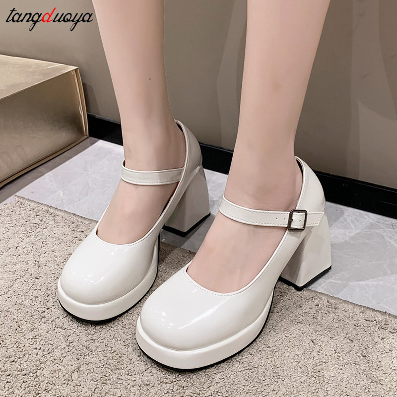 Pompe cu platformă albă pentru femei Tocuri super înalte Curea cu cataramă Pantofi Mary Jane pentru femeie gotici Pantofi de petrecere cu toc gros Tocuri groase
