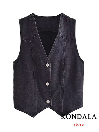 KONDALA Jachete de blugi vintage, albastre, pentru femei, cu decolteu în V, cu un singur buton, jachete fără mâneci, la modă, vara 2023, vestă de stradă, topuri
