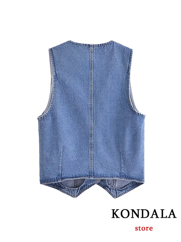 KONDALA Jachete de blugi vintage, albastre, pentru femei, cu decolteu în V, cu un singur buton, jachete fără mâneci, la modă, vara 2023, vestă de stradă, topuri