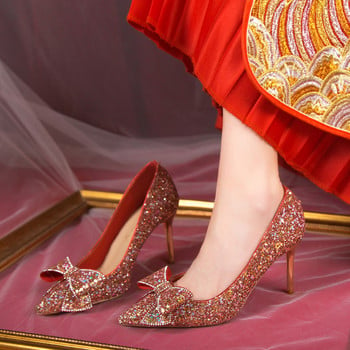 Rimocy Bling Shiny Glitter Pumps Women Slip-On Sweet Bowknot High Heels Shoes Woman Shining Thin Heels Wedding Party Shoes 2023