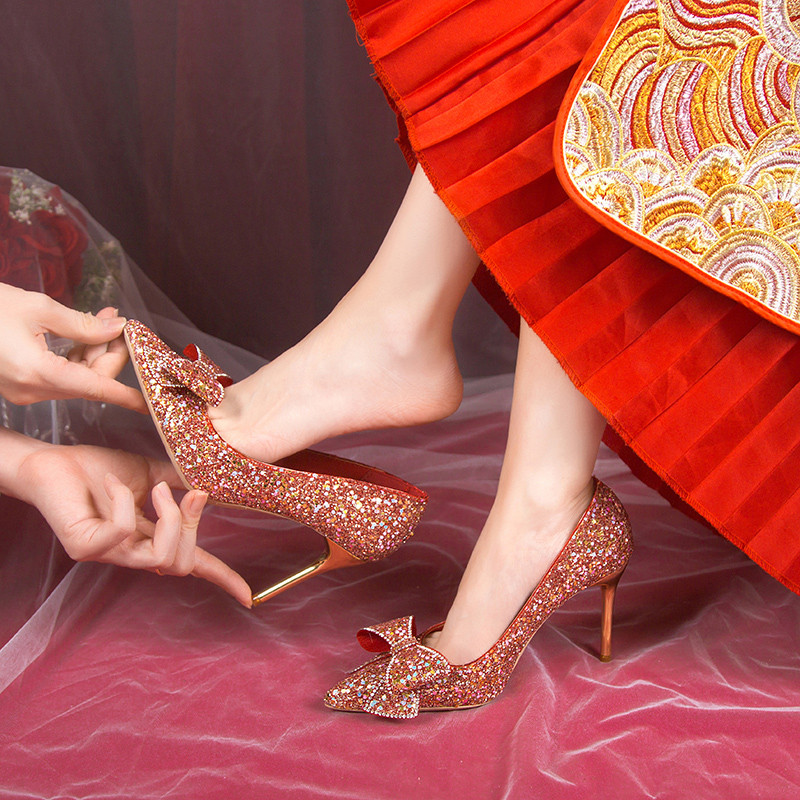 Dámske lesklé trblietavé lodičky Rimocy Bling nazúvacie topánky s mašľou na vysokých podpätkoch, dámske lesklé tenké podpätky, svadobné topánky, párty, 2023
