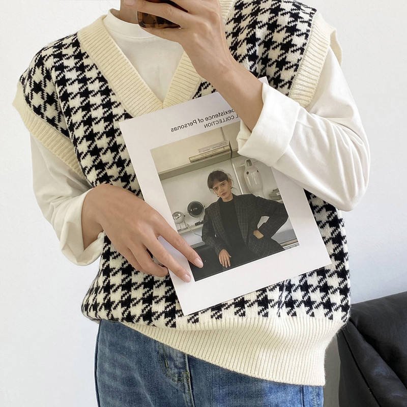 Jesenski modni labavi pleteni džemper s prslukom s v-izrezom Ležeran debeli džemper bez rukava s V izrezom Ženski prsluk Chic Topovi 17502