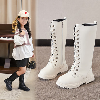 Детски есенни зимни предни модни дантелени обувки със среден ръкав и страничен цип Ежедневни водоустойчиви кожени ботуши Масивни обувки за сняг за момичета