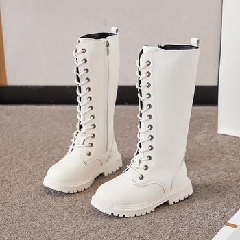 Детски есенни зимни предни модни дантелени обувки със среден ръкав и страничен цип Ежедневни водоустойчиви кожени ботуши Масивни обувки за сняг за момичета