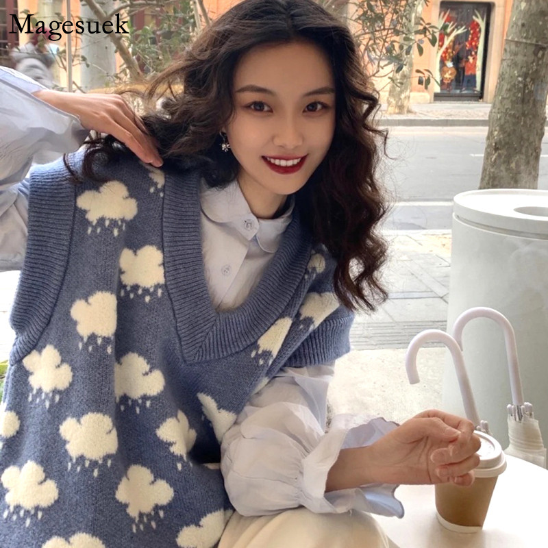 Jesenski ženski pleteni pulover bez rukava, prsluk s printom u oblaku, džemper s V-izrezom, korejski široki pleteni prsluk, gornji dio zimske odjeće 15990