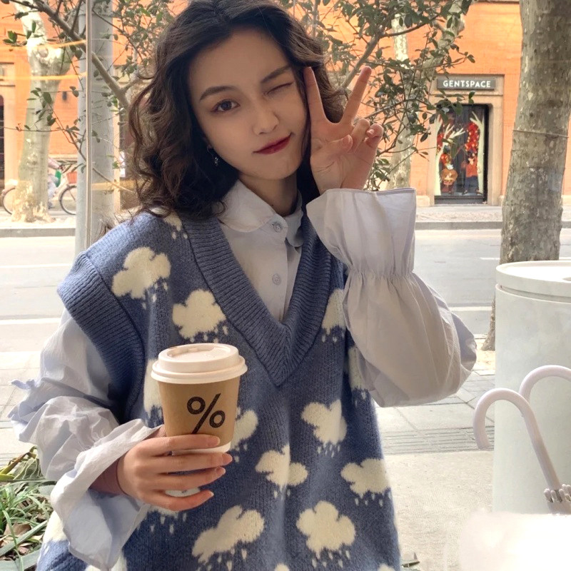 Jesenski ženski pleteni pulover bez rukava, prsluk s printom u oblaku, džemper s V-izrezom, korejski široki pleteni prsluk, gornji dio zimske odjeće 15990