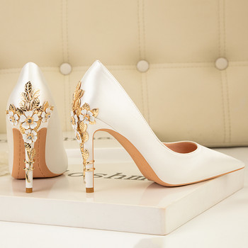 Метални издълбани токчета Дамски помпи Обувки с висок ток Дамски сватбени обувки за жени Булчинска дамска рокля с обувки на елегантни токчета